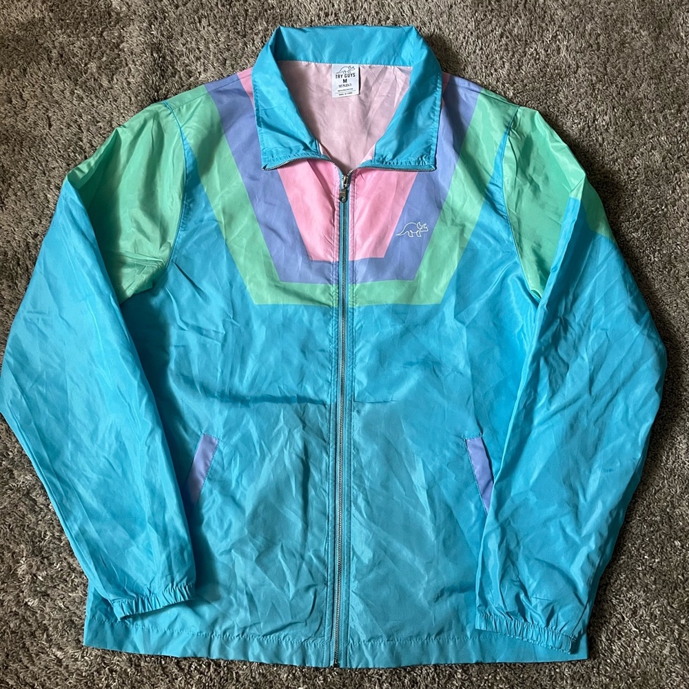 Try Guys Pastel Color Triceratops Sz M Polyester Windbreaker Jacket